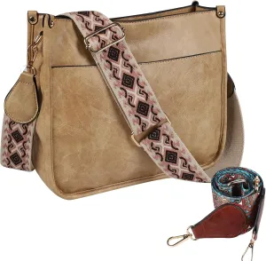 Crossbody Bags for Women Leather Hobo Handbags with 2pcs Adjustable Guitar Strap