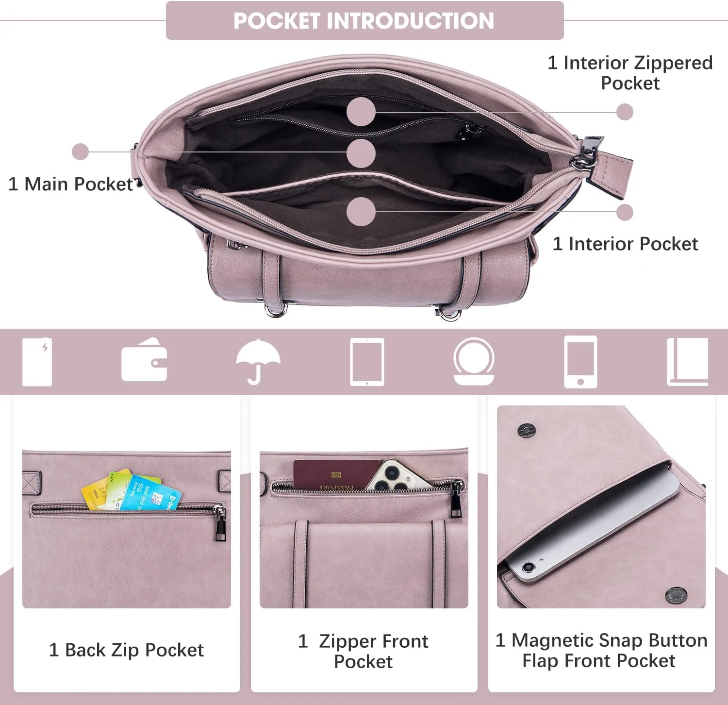 Crossbody Bags for Women,Multi Pocket Crossbody Purses Vegan Leather Shoulder Handbags Travel Purse Adjustable Strap