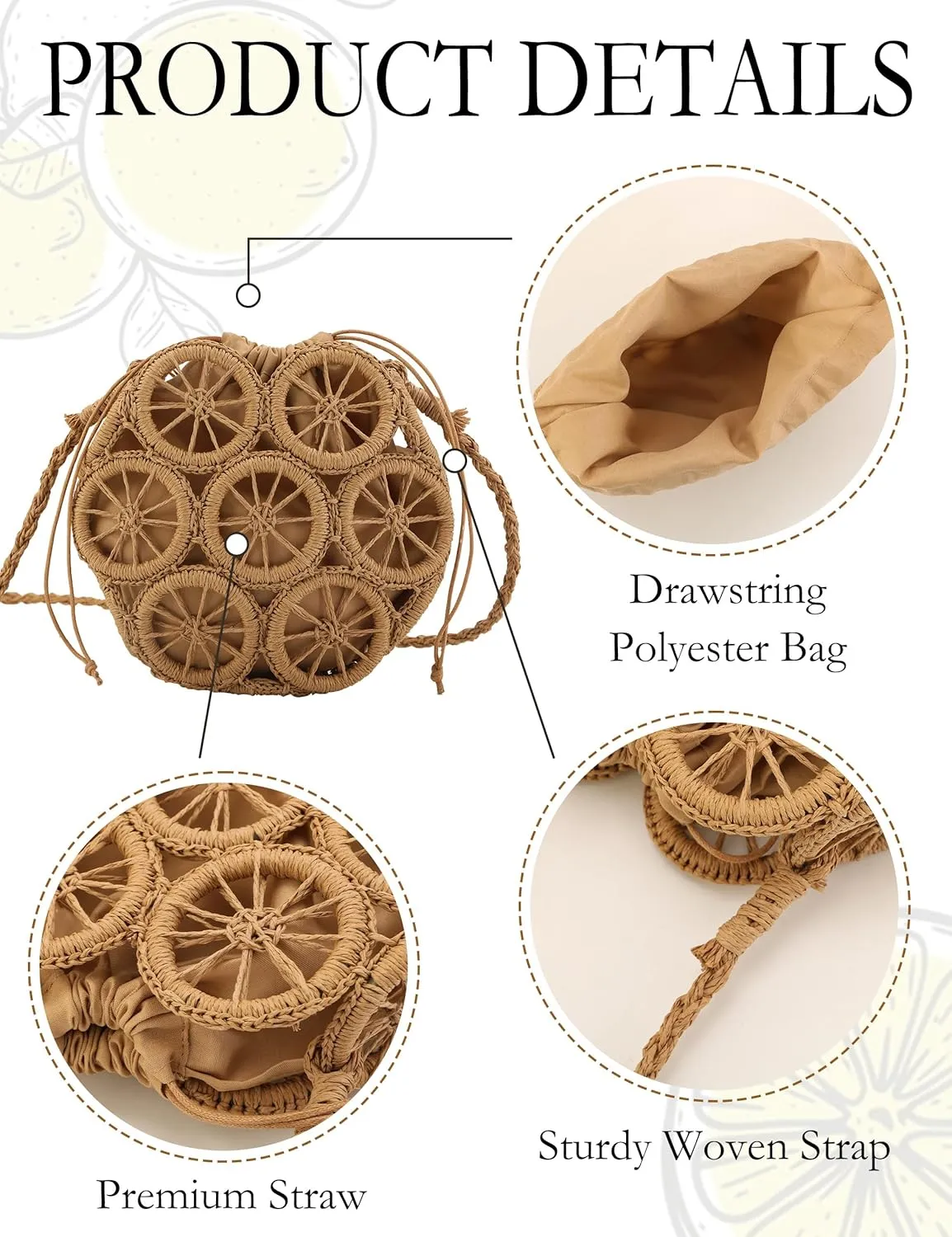 Crossbody Straw Bags for Women, Hollowed-out Lemon Hand Woven Shoulder Bag with Rattan Strap, Trendy 2025 Beach Purses