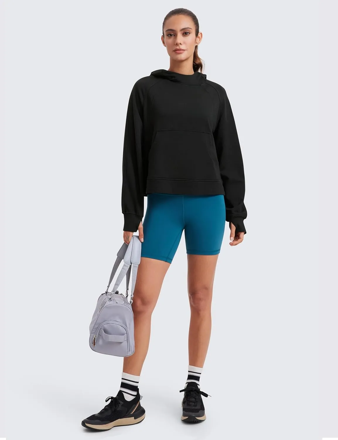 CRZ YOGA Womens Fleece Mock Neck Hoodie Oversized Pullover Long Sleeve Casual Workout Hooded Sweatshirts with Thumb Hole