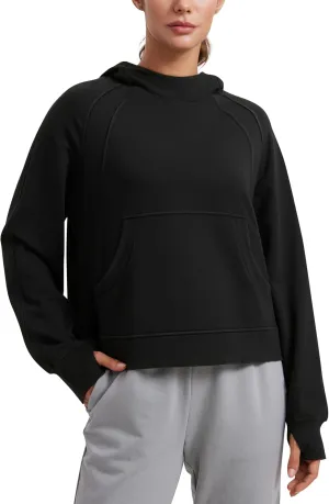 CRZ YOGA Womens Fleece Mock Neck Hoodie Oversized Pullover Long Sleeve Casual Workout Hooded Sweatshirts with Thumb Hole