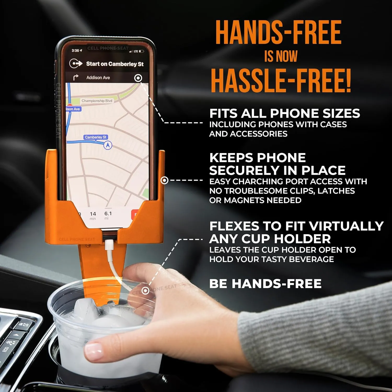 Cup Holder Phone Holders for Your Car Cupholder - Made in USA - Cup Holder Phone Mount for Car, Universal Compatible with All Smartphones, iPhone, Samsung Google Android Cellphone Stand Pumpkin Orange