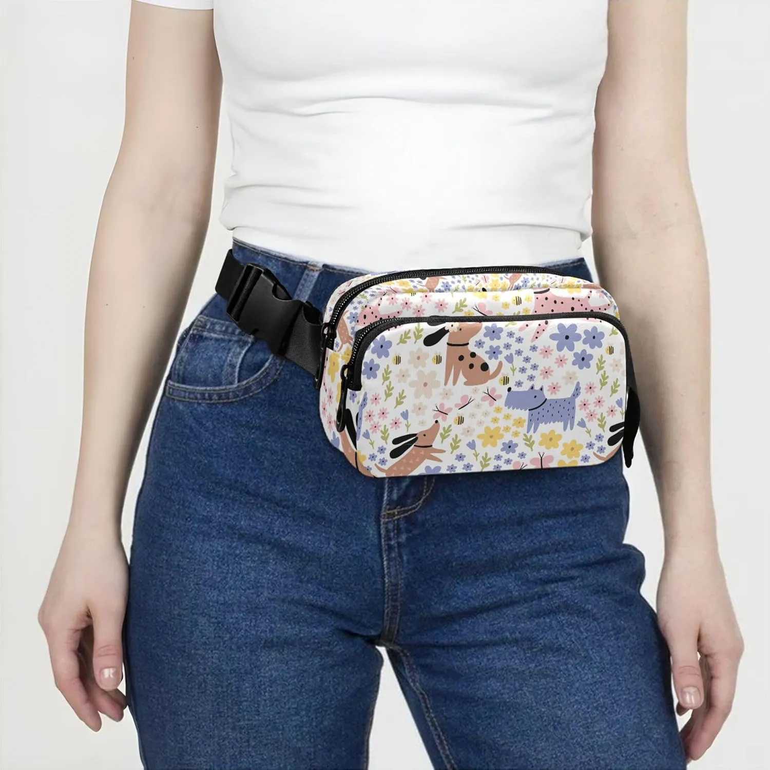 Custom Cartoon Dogs Flowers Waterproof Women Fanny Packs Anti Theft Belt Bag Pattern Waist Pack for Women