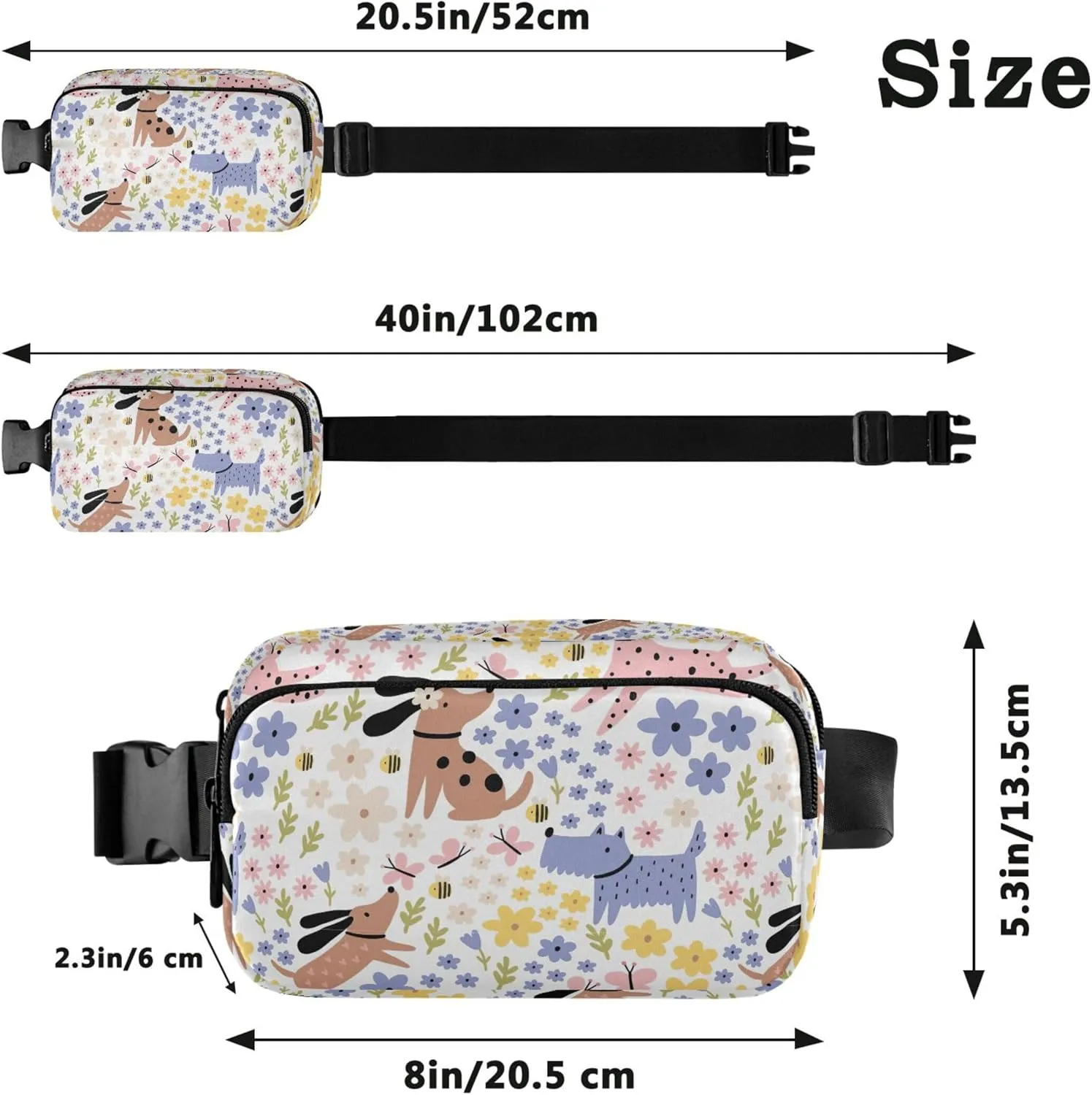Custom Cartoon Dogs Flowers Waterproof Women Fanny Packs Anti Theft Belt Bag Pattern Waist Pack for Women