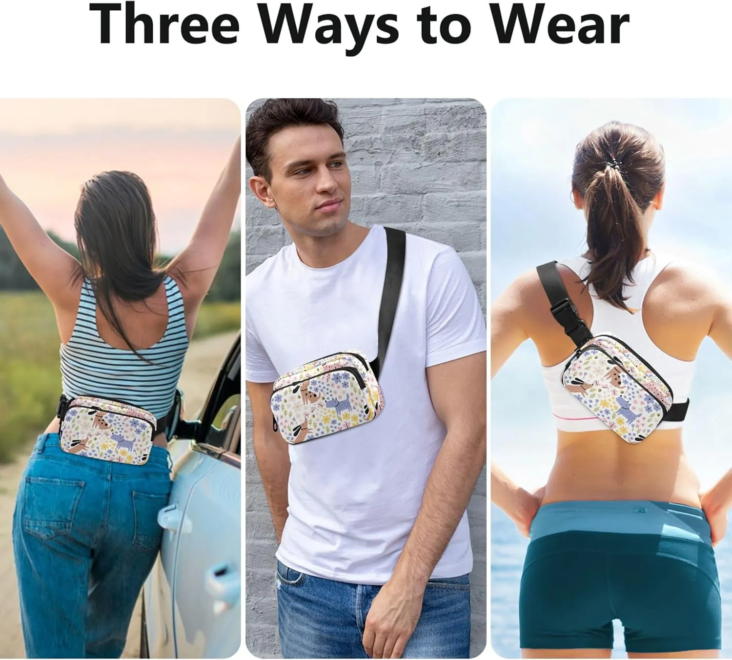 Custom Cartoon Dogs Flowers Waterproof Women Fanny Packs Anti Theft Belt Bag Pattern Waist Pack for Women