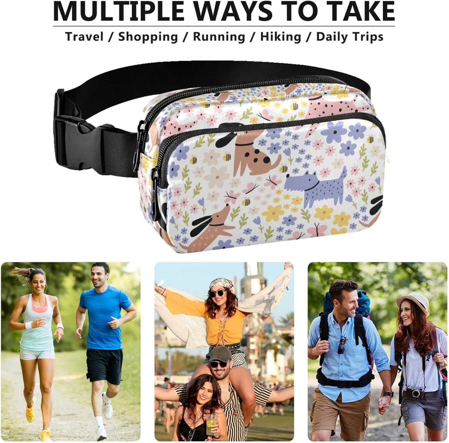 Custom Cartoon Dogs Flowers Waterproof Women Fanny Packs Anti Theft Belt Bag Pattern Waist Pack for Women