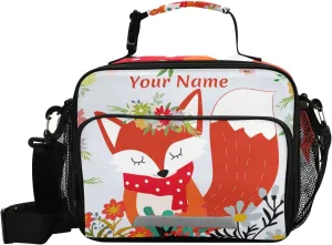 Custom Fox Lunch Box Girls Personalized Insulated Lunch Bag with Name Kids Cooler Tote Shoulder Strap Reusable for School Picnic Travel