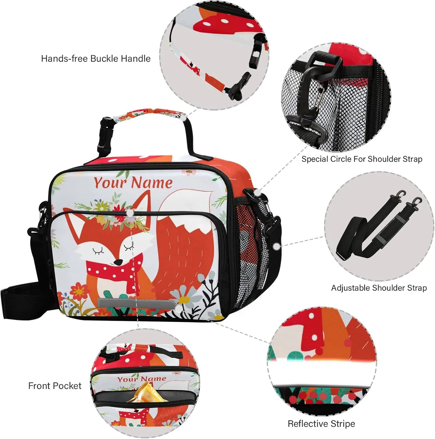 Custom Fox Lunch Box Girls Personalized Insulated Lunch Bag with Name Kids Cooler Tote Shoulder Strap Reusable for School Picnic Travel