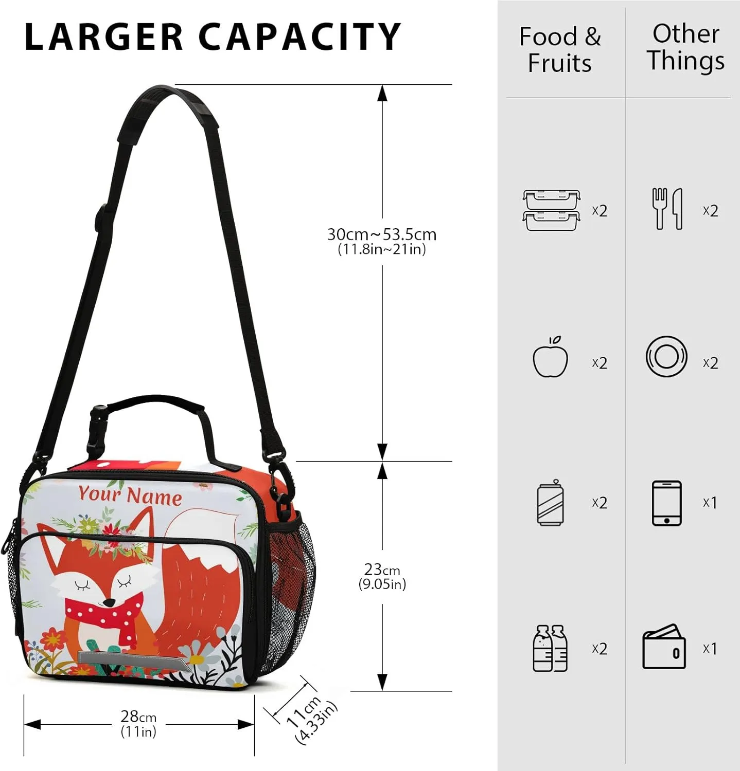 Custom Fox Lunch Box Girls Personalized Insulated Lunch Bag with Name Kids Cooler Tote Shoulder Strap Reusable for School Picnic Travel