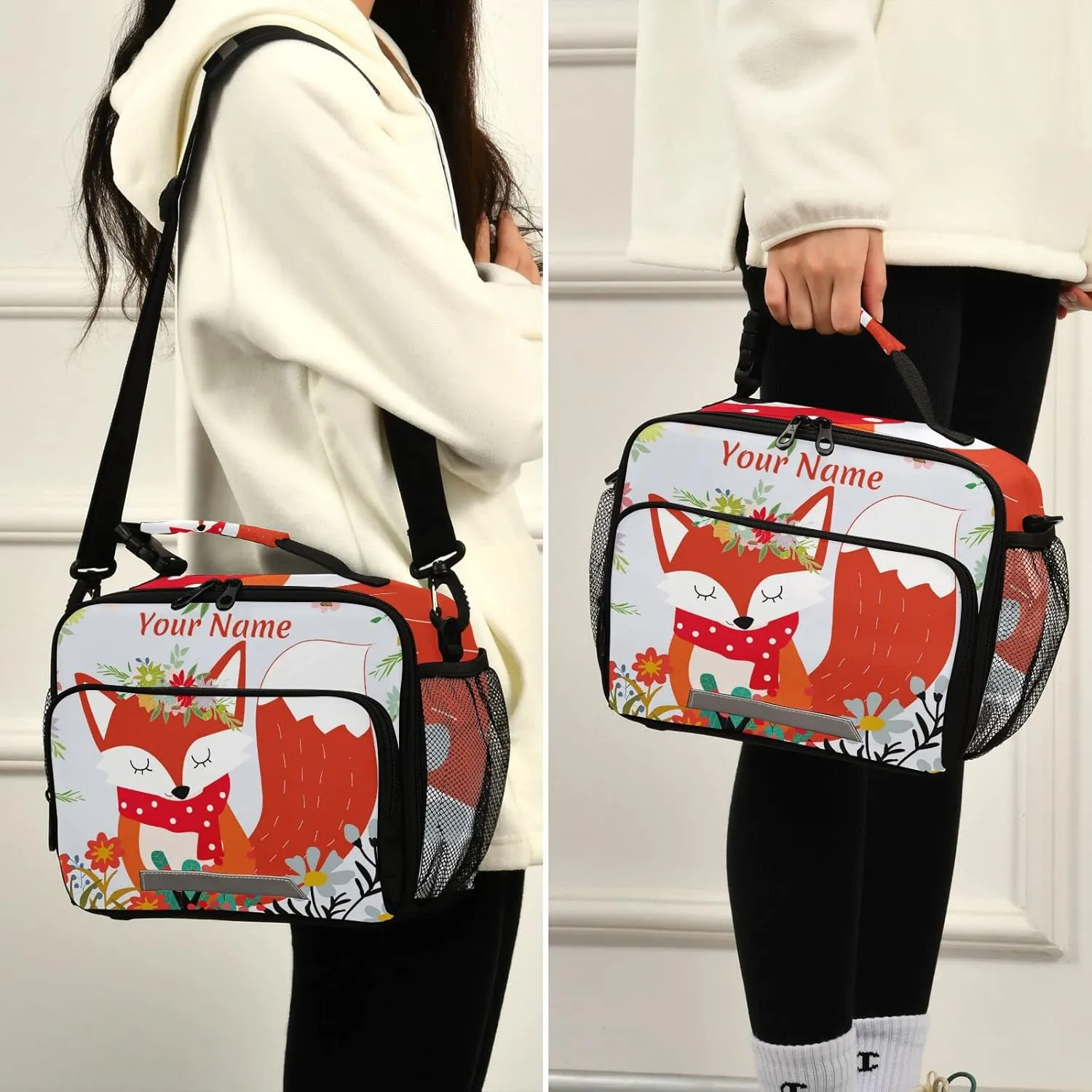 Custom Fox Lunch Box Girls Personalized Insulated Lunch Bag with Name Kids Cooler Tote Shoulder Strap Reusable for School Picnic Travel