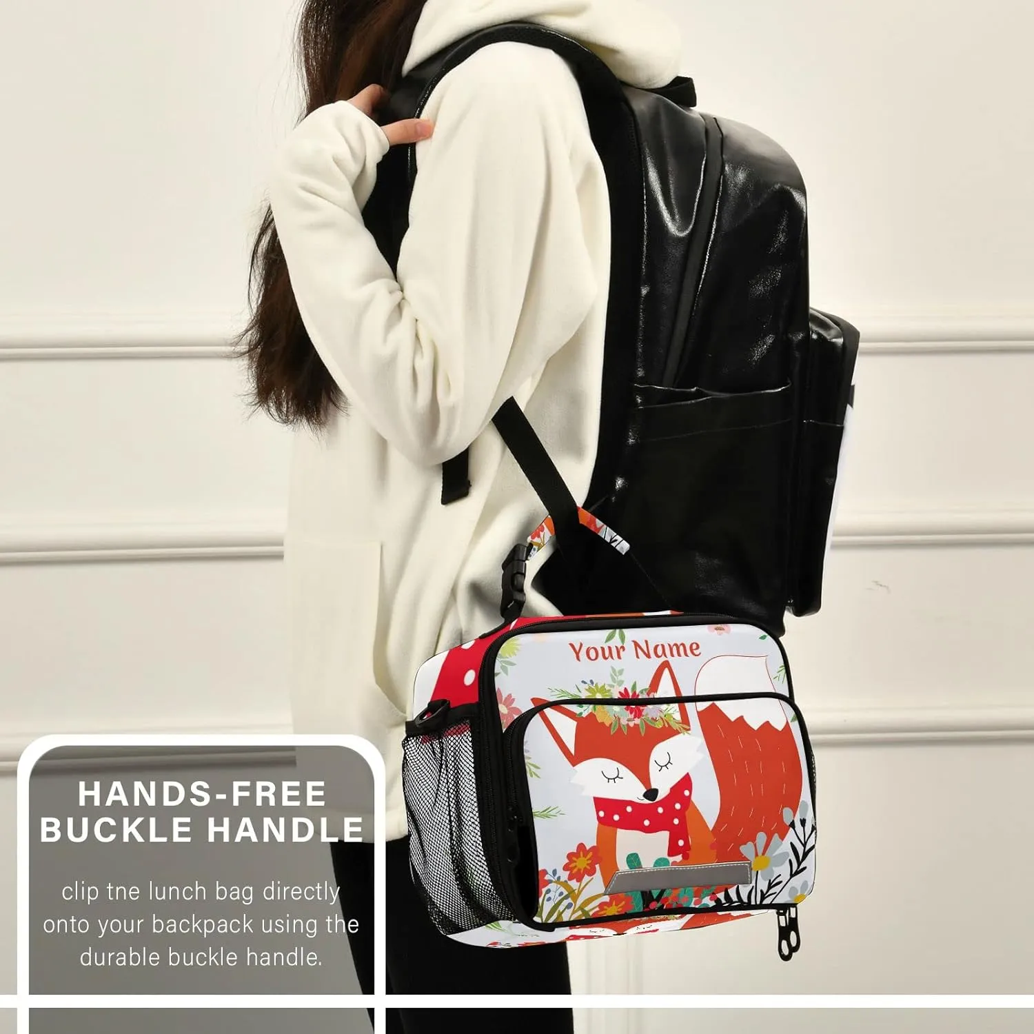Custom Fox Lunch Box Girls Personalized Insulated Lunch Bag with Name Kids Cooler Tote Shoulder Strap Reusable for School Picnic Travel
