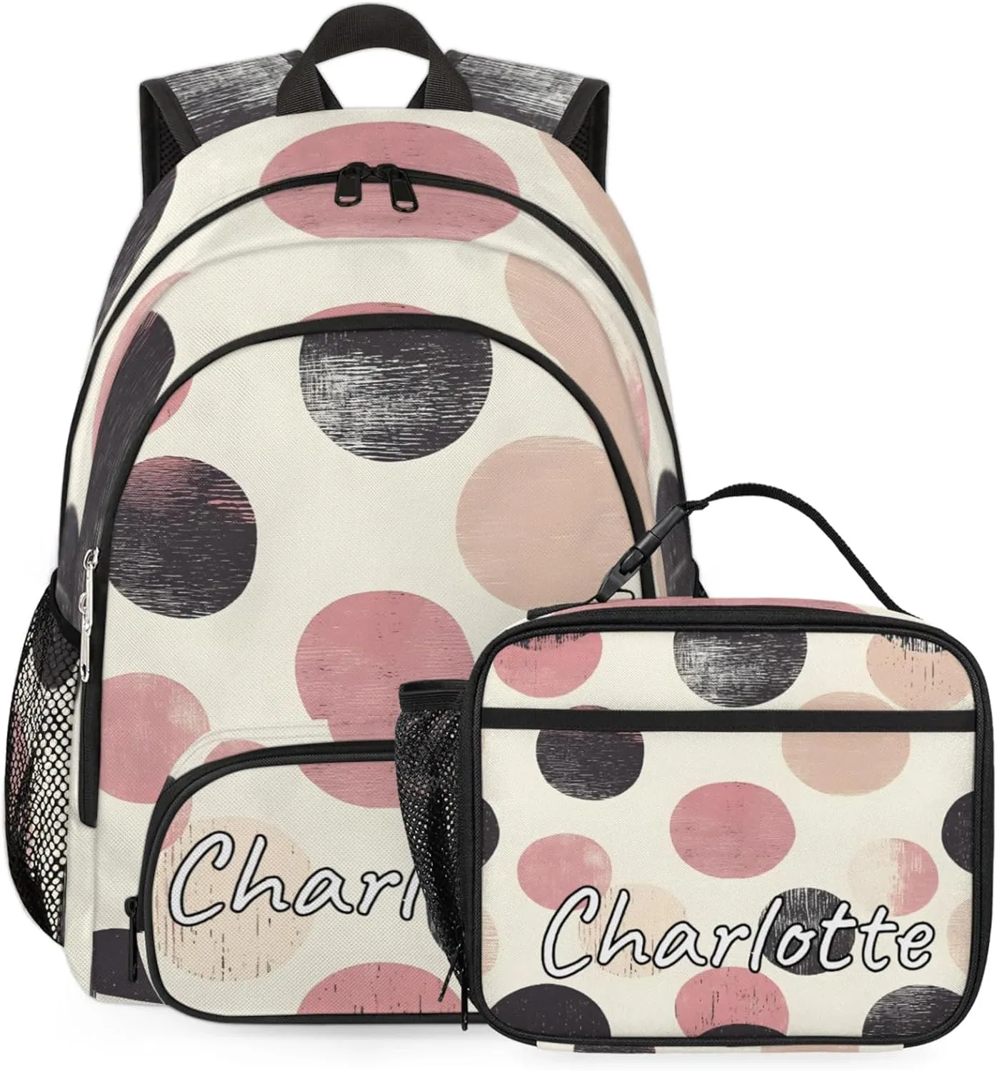 Custom Polka Dots Backpack and Lunch Box Set Personalized Backpack with Name, Customized Retro Colorful Lightweight Waterproof Travel Casual Daypacks