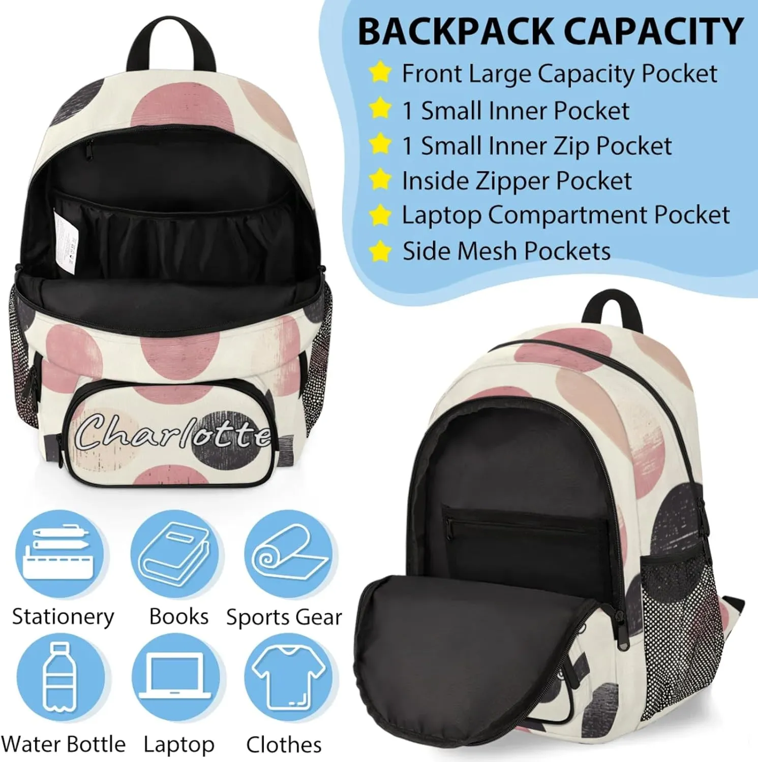 Custom Polka Dots Backpack and Lunch Box Set Personalized Backpack with Name, Customized Retro Colorful Lightweight Waterproof Travel Casual Daypacks