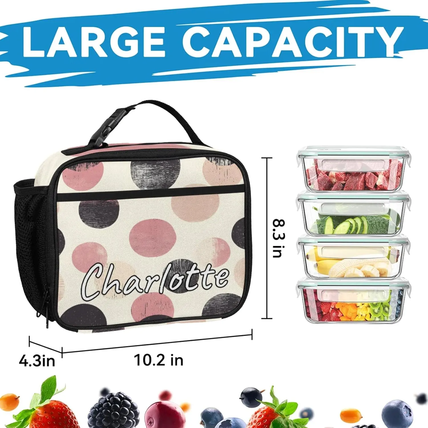 Custom Polka Dots Backpack and Lunch Box Set Personalized Backpack with Name, Customized Retro Colorful Lightweight Waterproof Travel Casual Daypacks