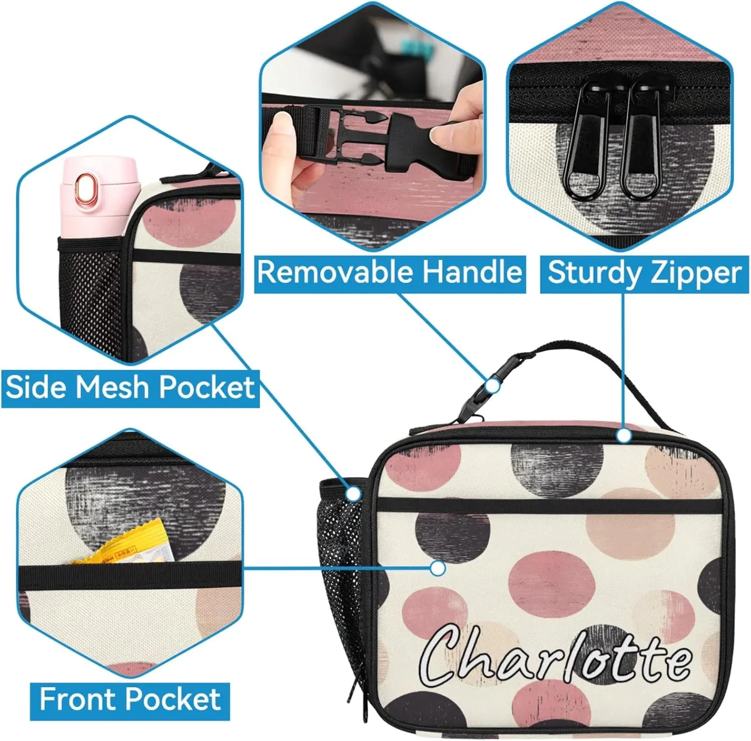 Custom Polka Dots Backpack and Lunch Box Set Personalized Backpack with Name, Customized Retro Colorful Lightweight Waterproof Travel Casual Daypacks