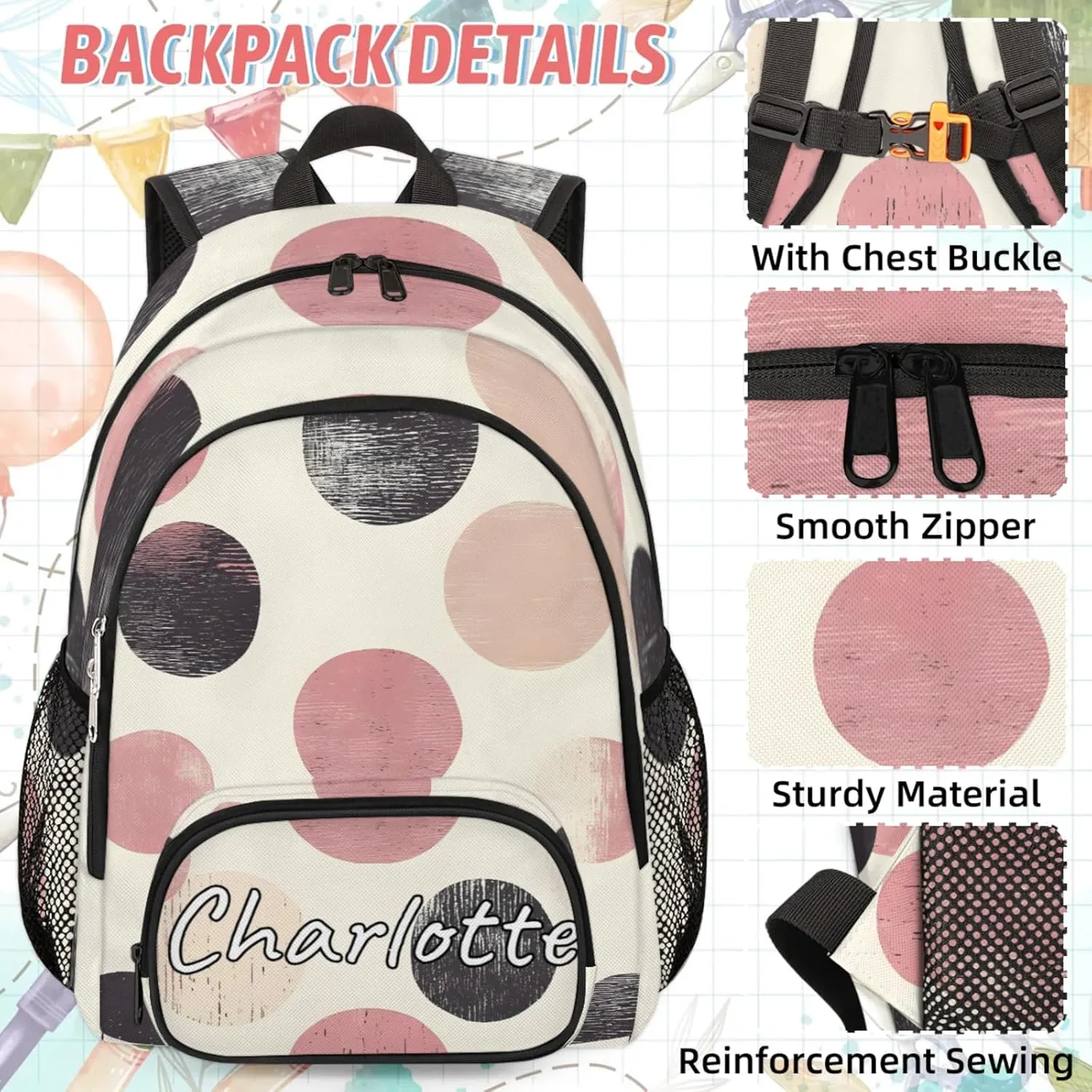 Custom Polka Dots Backpack and Lunch Box Set Personalized Backpack with Name, Customized Retro Colorful Lightweight Waterproof Travel Casual Daypacks