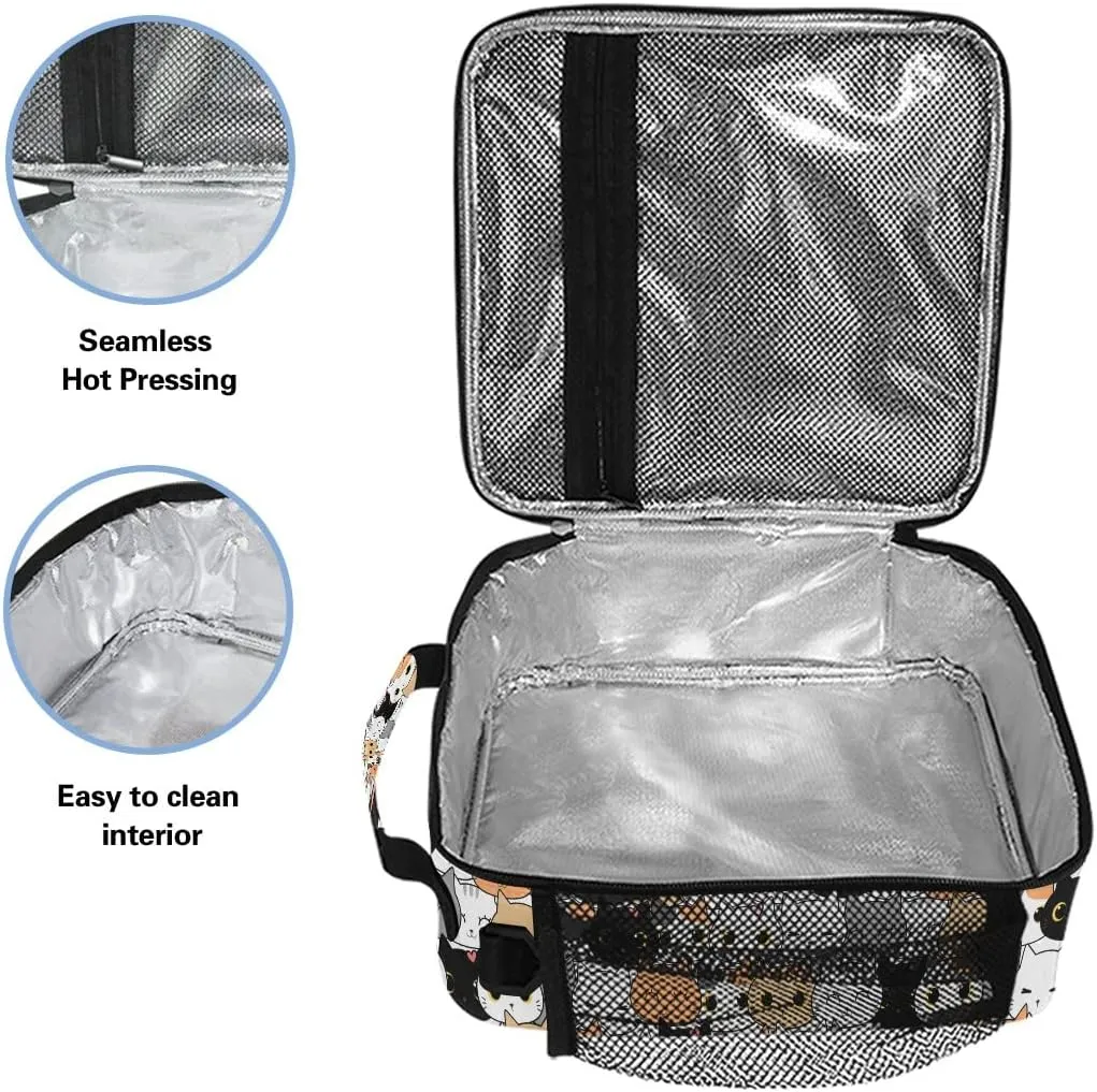 Cute Cats Kitten Pattern Lunch Bag Box Insulated Cooler Lunch Tote Bag Meal Organizer with Shoulder Strap for Women Girls Boys School