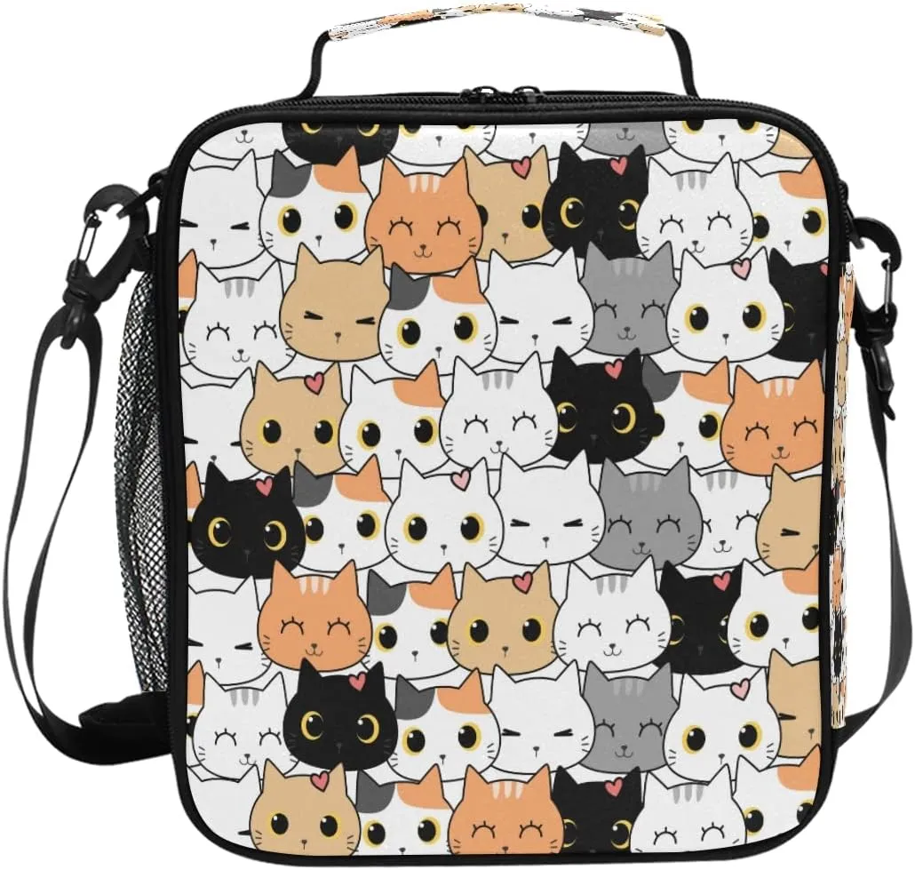 Cute Cats Kitten Pattern Lunch Bag Box Insulated Cooler Lunch Tote Bag Meal Organizer with Shoulder Strap for Women Girls Boys School