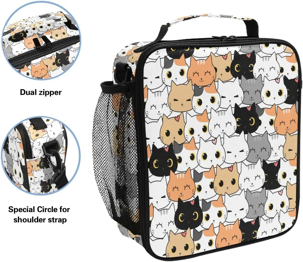 Cute Cats Kitten Pattern Lunch Bag Box Insulated Cooler Lunch Tote Bag Meal Organizer with Shoulder Strap for Women Girls Boys School