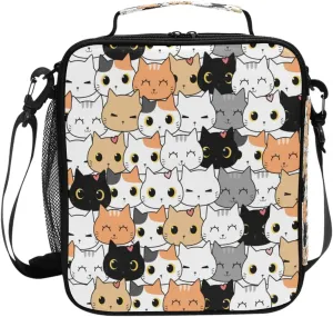 Cute Cats Kitten Pattern Lunch Bag Box Insulated Cooler Lunch Tote Bag Meal Organizer with Shoulder Strap for Women Girls Boys School
