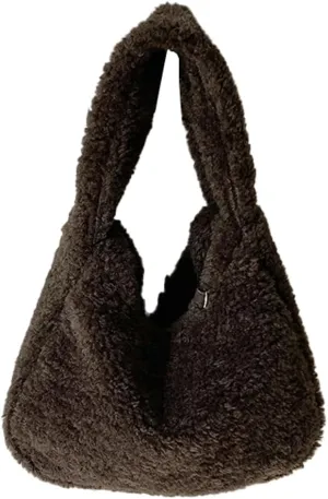 Cute Lambwool Bag for Women Soft Plush Shoulder Purses and Handbag Trendy Winter Faux Fur Clutch Purse Small Tote Bag