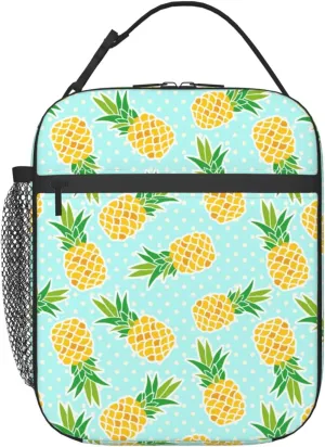 Cute Pineapples With Polka Dots Background Portable Lunch Bag Insulated Meal Bag Reusable Lunch Box Cooler Bag Food Container For School Work Travel Picnic Camping