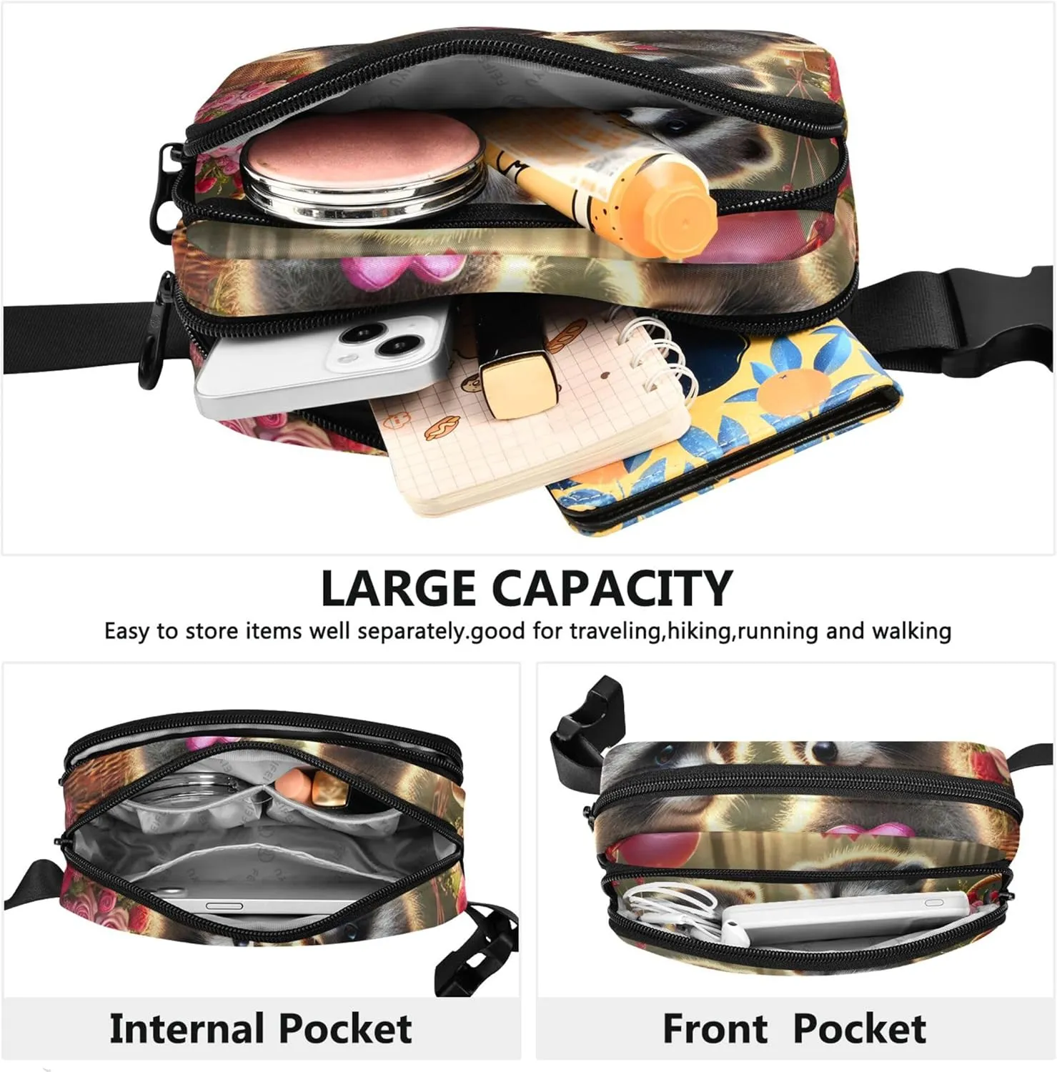 Cute Raccoon Candlelight Love Womens Fanny Pack Waterproof Anti Theft Belt Bag Cute Crossbody Waist Purse