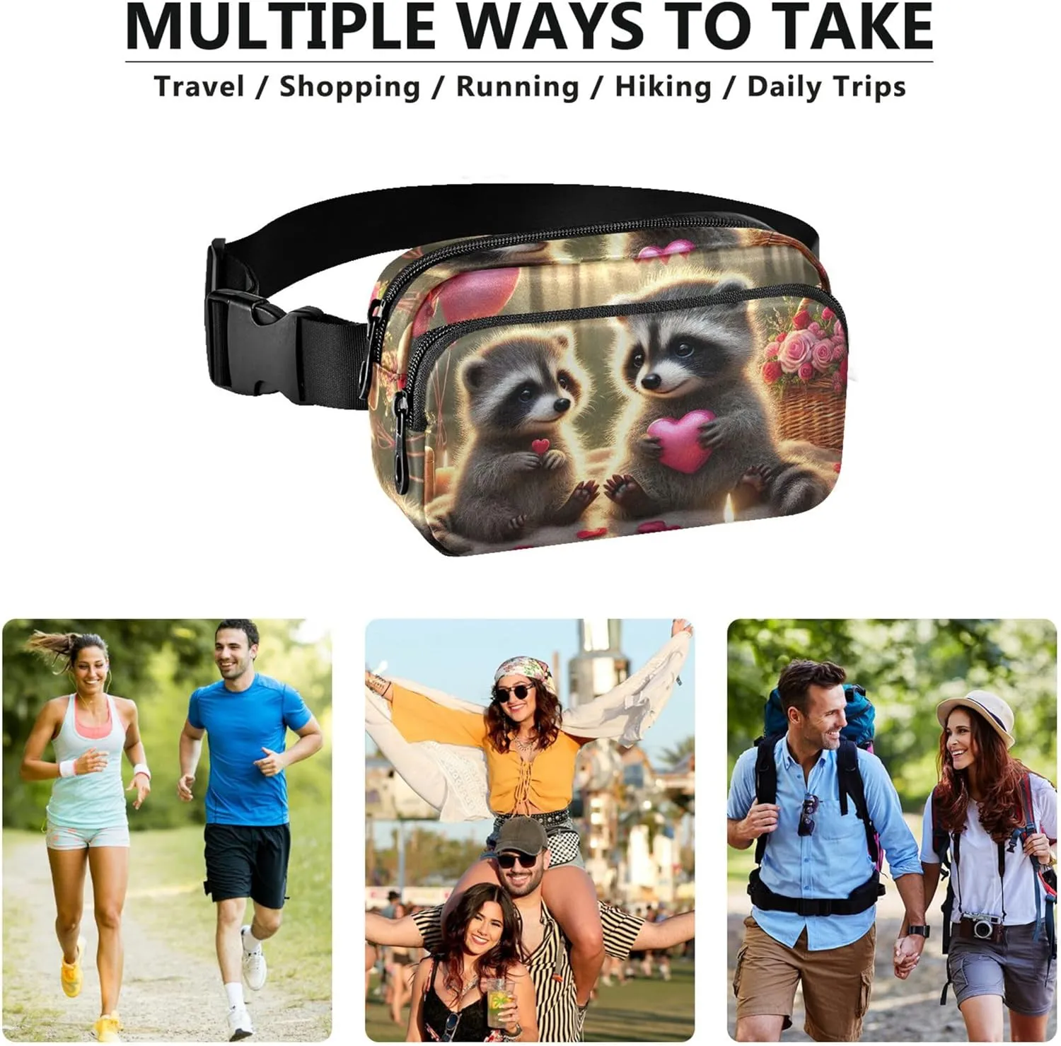 Cute Raccoon Candlelight Love Womens Fanny Pack Waterproof Anti Theft Belt Bag Cute Crossbody Waist Purse