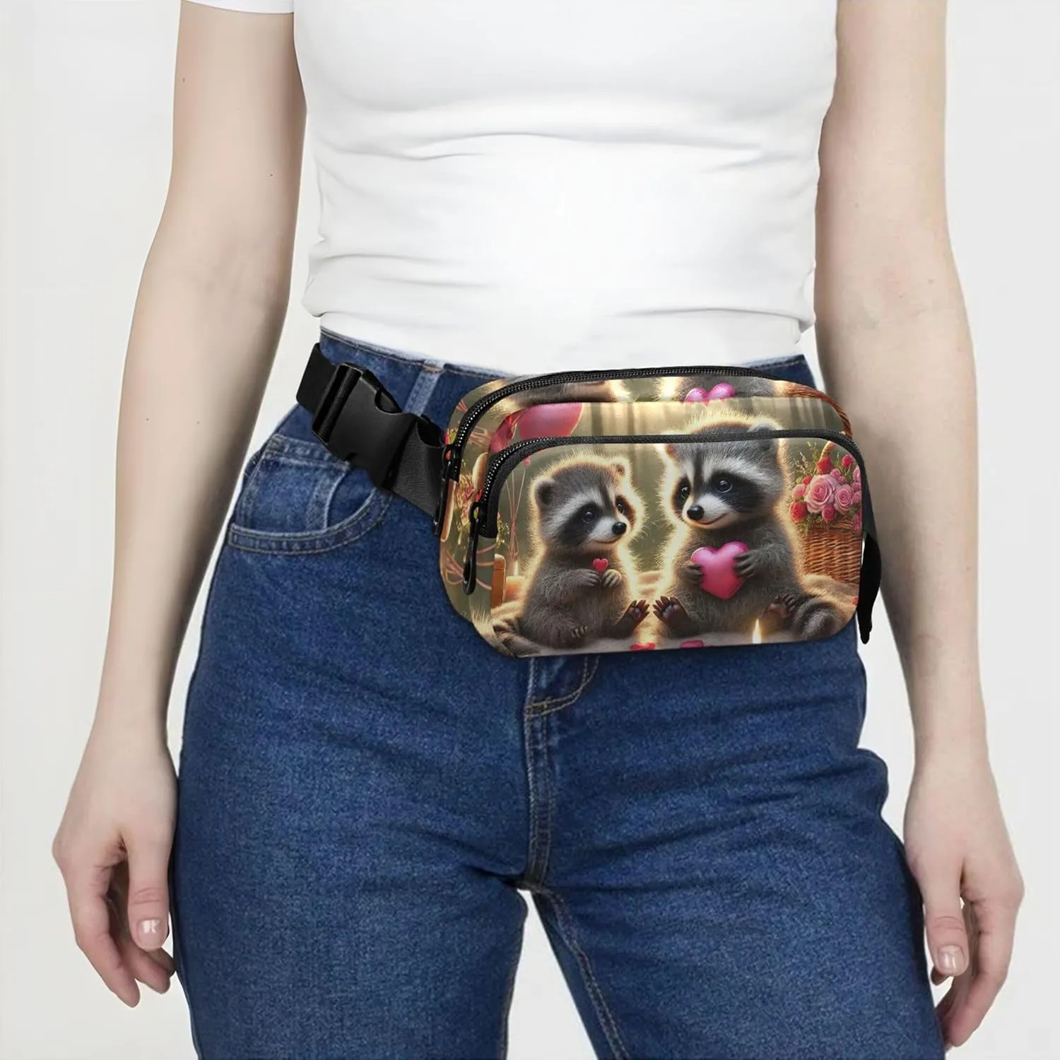 Cute Raccoon Candlelight Love Womens Fanny Pack Waterproof Anti Theft Belt Bag Cute Crossbody Waist Purse