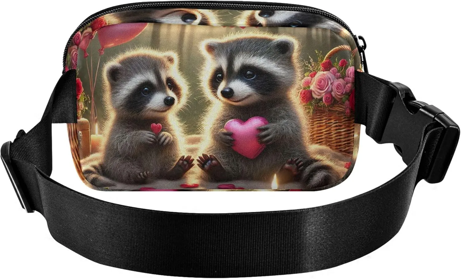 Cute Raccoon Candlelight Love Womens Fanny Pack Waterproof Anti Theft Belt Bag Cute Crossbody Waist Purse