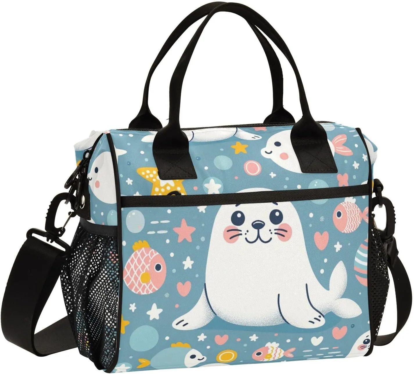 Cute Seal Star Dot Hear Lunch Bag Women Cooler Bags Lunch Tote Bags for Men Reusable Insulated Lunch Box Crossbody with Shoulder Strap Leakproof Work Picnic S