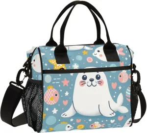Cute Seal Star Dot Hear Lunch Bag Women Cooler Bags Lunch Tote Bags for Men Reusable Insulated Lunch Box Crossbody with Shoulder Strap Leakproof Work Picnic S
