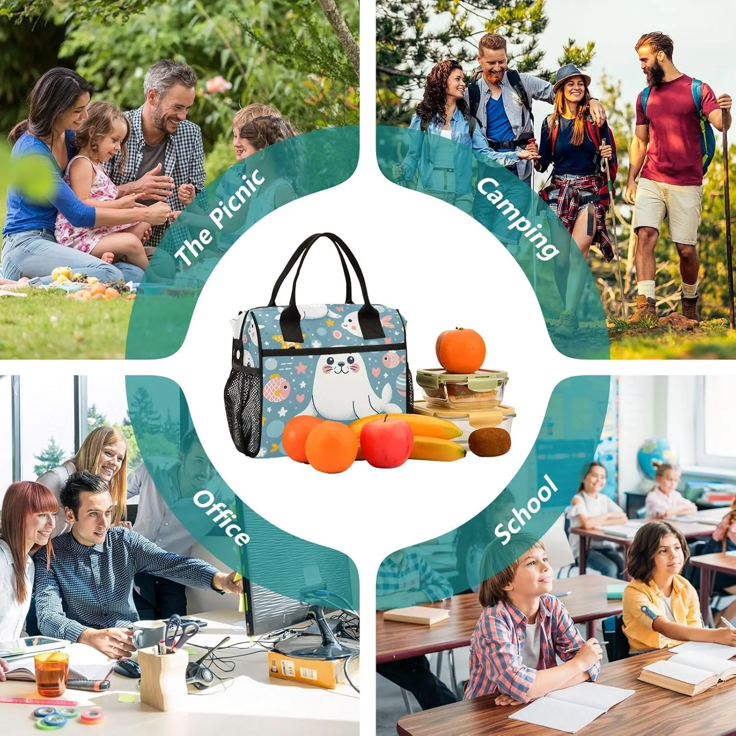 Cute Seal Star Dot Hear Lunch Bag Women Cooler Bags Lunch Tote Bags for Men Reusable Insulated Lunch Box Crossbody with Shoulder Strap Leakproof Work Picnic S