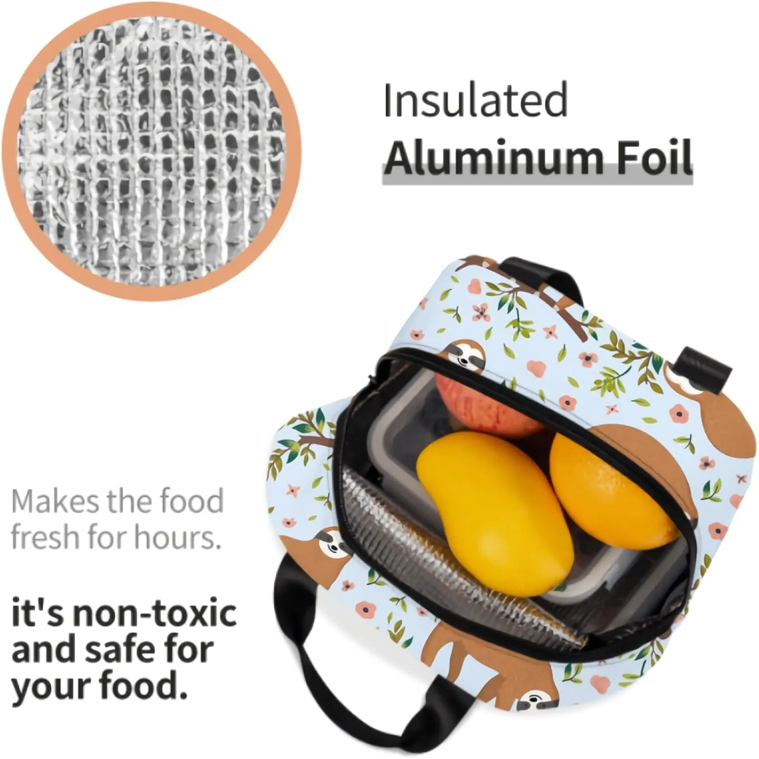 Cute Sloth Lunch Box for Kids Girls, Cartoon Animal Flower Trees Insulated Lunchbox Bento Tote Bag for Teens Back to School Women Men Travel