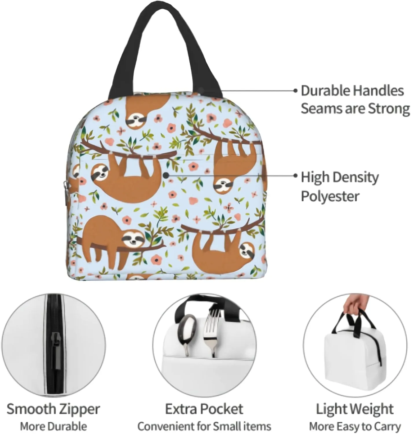 Cute Sloth Lunch Box for Kids Girls, Cartoon Animal Flower Trees Insulated Lunchbox Bento Tote Bag for Teens Back to School Women Men Travel