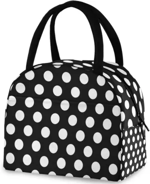 Cute White Polka Dots Pattern Reusable Lunch Tote Bag with Front Pocket Zipper Closure Insulated Thermal Cooler Container Bag for Man Women Work Picnic Travel Beach Fishing