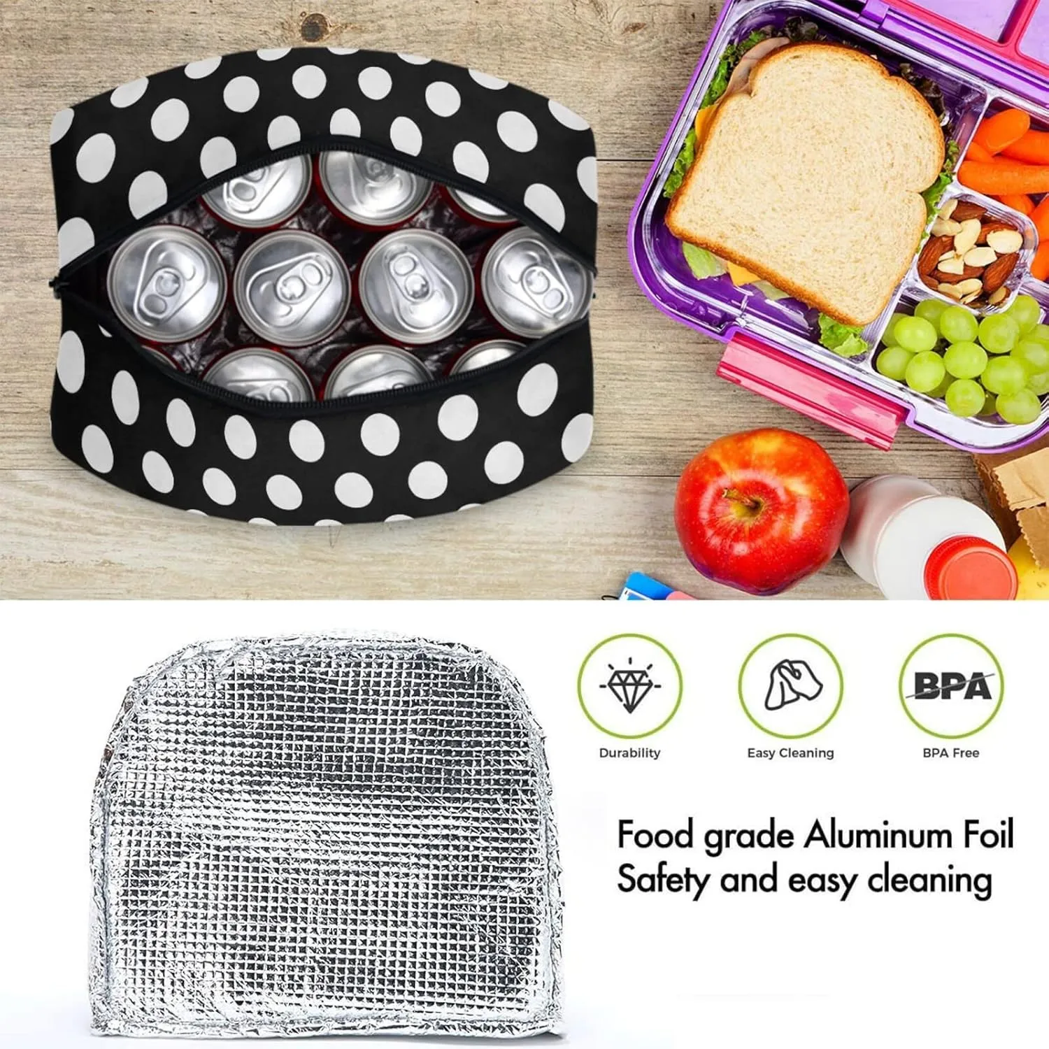 Cute White Polka Dots Pattern Reusable Lunch Tote Bag with Front Pocket Zipper Closure Insulated Thermal Cooler Container Bag for Man Women Work Picnic Travel Beach Fishing