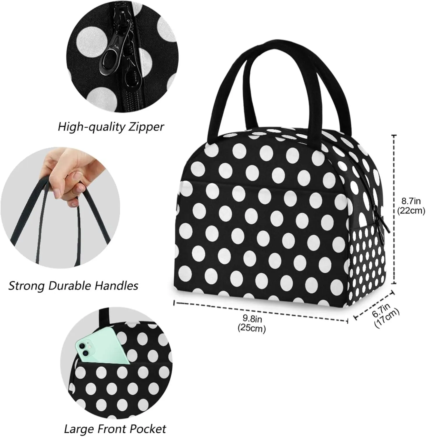 Cute White Polka Dots Pattern Reusable Lunch Tote Bag with Front Pocket Zipper Closure Insulated Thermal Cooler Container Bag for Man Women Work Picnic Travel Beach Fishing
