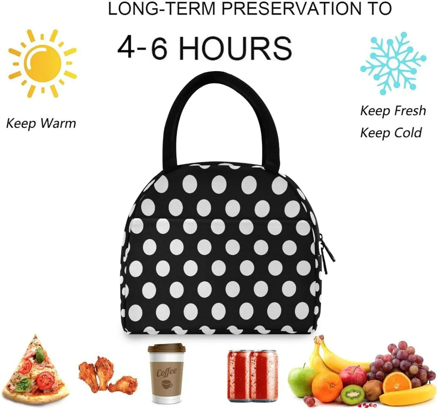Cute White Polka Dots Pattern Reusable Lunch Tote Bag with Front Pocket Zipper Closure Insulated Thermal Cooler Container Bag for Man Women Work Picnic Travel Beach Fishing