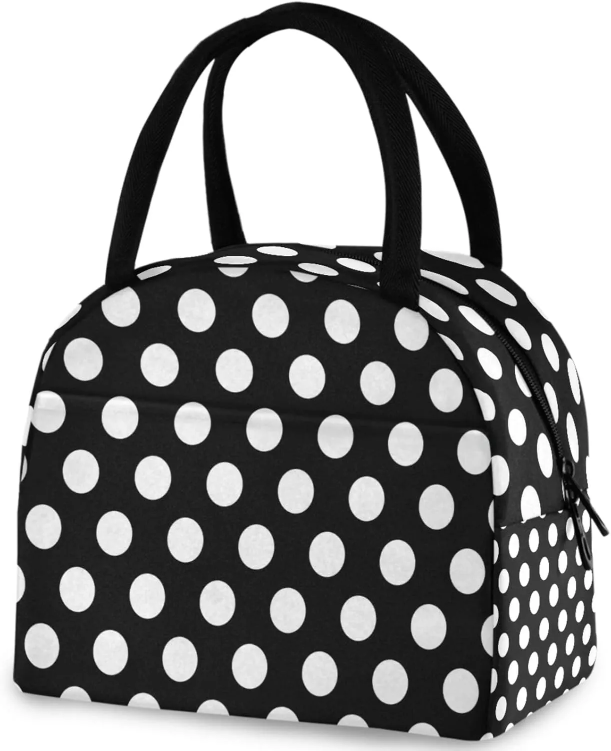 Cute White Polka Dots Pattern Reusable Lunch Tote Bag with Front Pocket Zipper Closure Insulated Thermal Cooler Container Bag for Man Women Work Picnic Travel Beach Fishing
