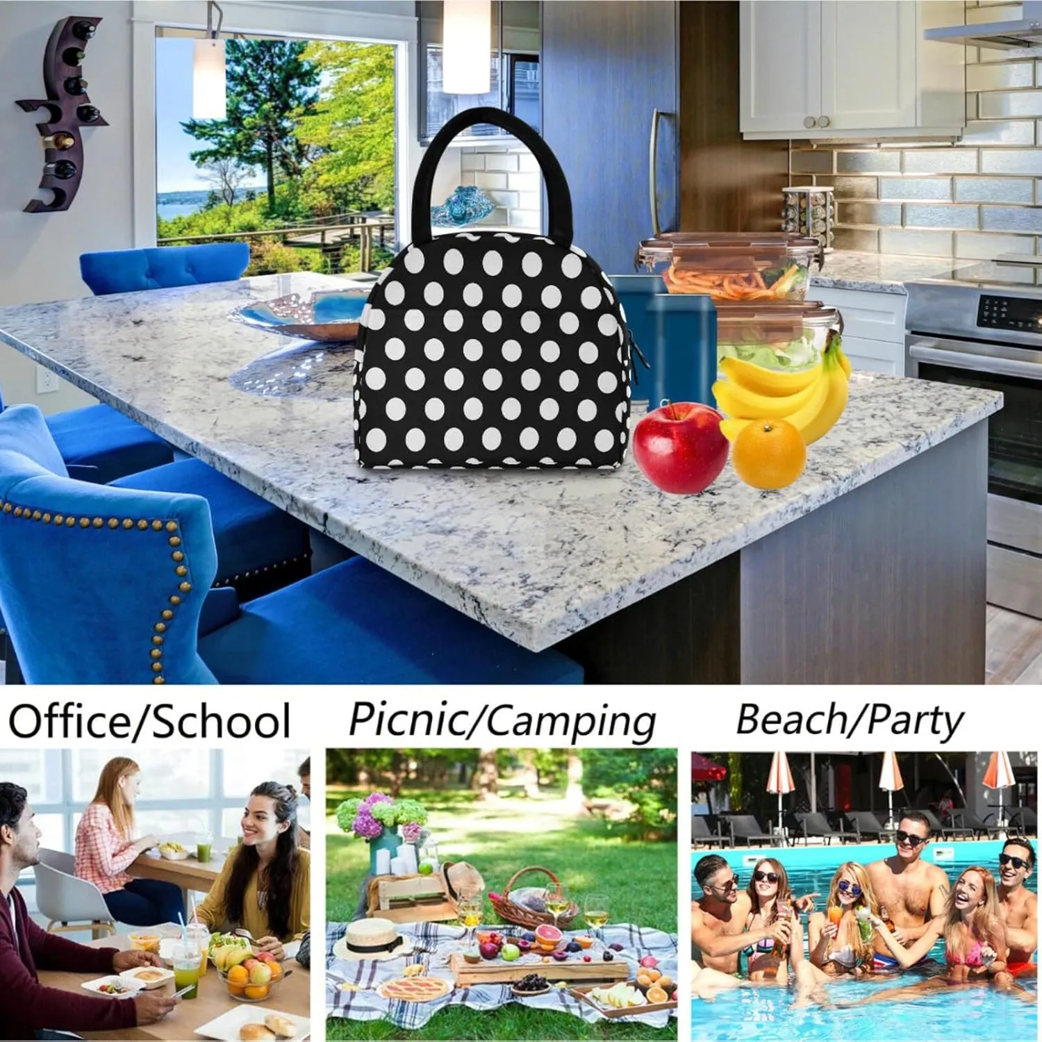 Cute White Polka Dots Pattern Reusable Lunch Tote Bag with Front Pocket Zipper Closure Insulated Thermal Cooler Container Bag for Man Women Work Picnic Travel Beach Fishing