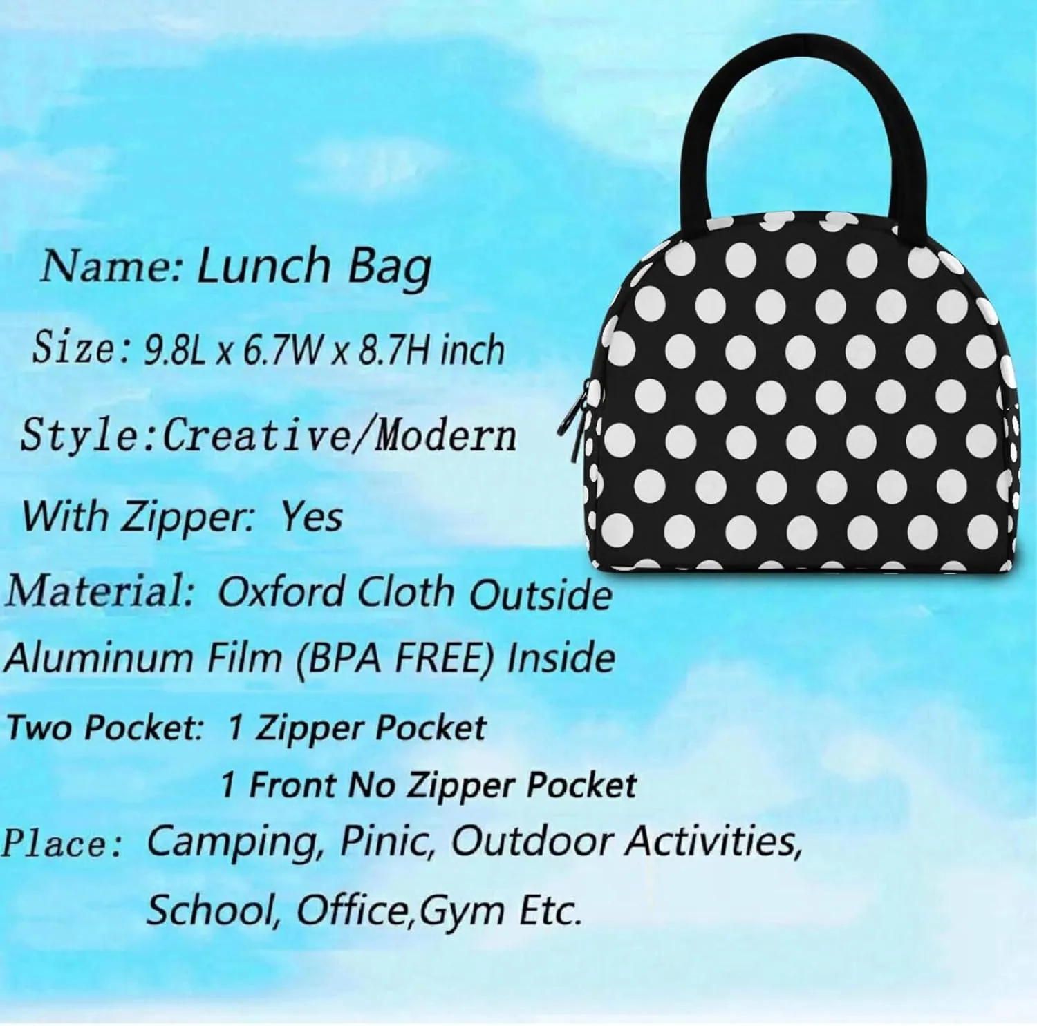 Cute White Polka Dots Pattern Reusable Lunch Tote Bag with Front Pocket Zipper Closure Insulated Thermal Cooler Container Bag for Man Women Work Picnic Travel Beach Fishing