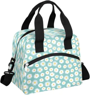 Daisy Naive Blue Insulated Lunch Box Women Floral Lunch Bag Tote for Men Cute Soft Lunch Cooler Container Reusable Thermal Food Meal Prep Organizer