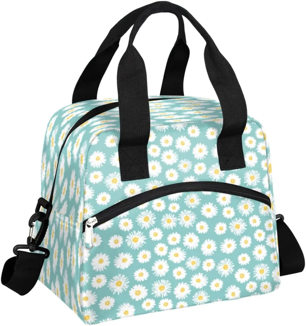 Daisy Naive Blue Insulated Lunch Box Women Floral Lunch Bag Tote for Men Cute Soft Lunch Cooler Container Reusable Thermal Food Meal Prep Organizer