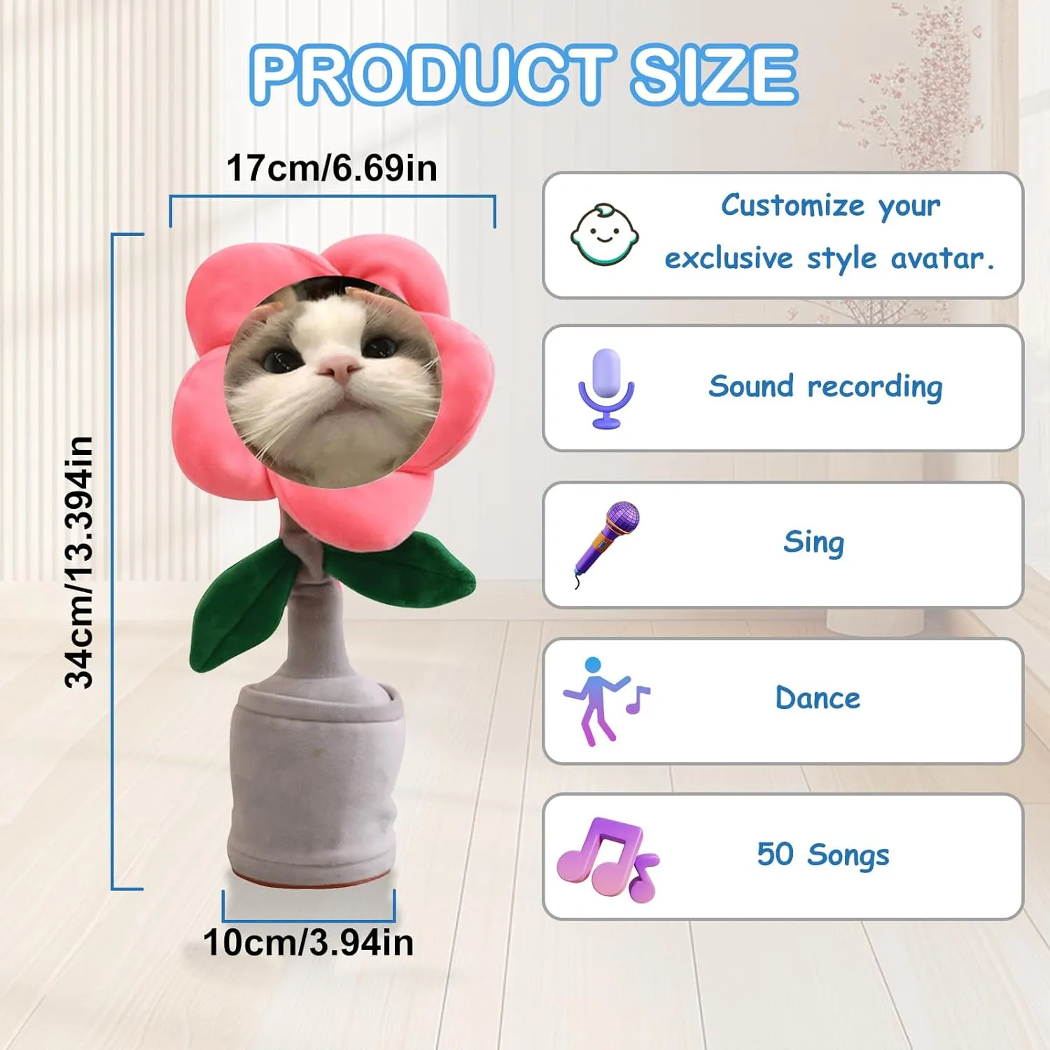 Dancing Flower with Custom Face,Personalized Photo UV Printed with Voice Recording,Repeats What You Say,Interactive Gifts for Friends Birthday Festival (Light Pink)