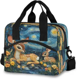 Deer Lying Starry Night Lunch Box for Men Women Adults Insulated Lunch Bag Cooler Bag with Adjustable Shoulder Strap for Work Picnic Travel