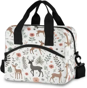 Deers Floral Elements Lunch Box for Men Women Adults Insulated Lunch Bag Cooler Bag with Adjustable Shoulder Strap for Work Picnic Travel