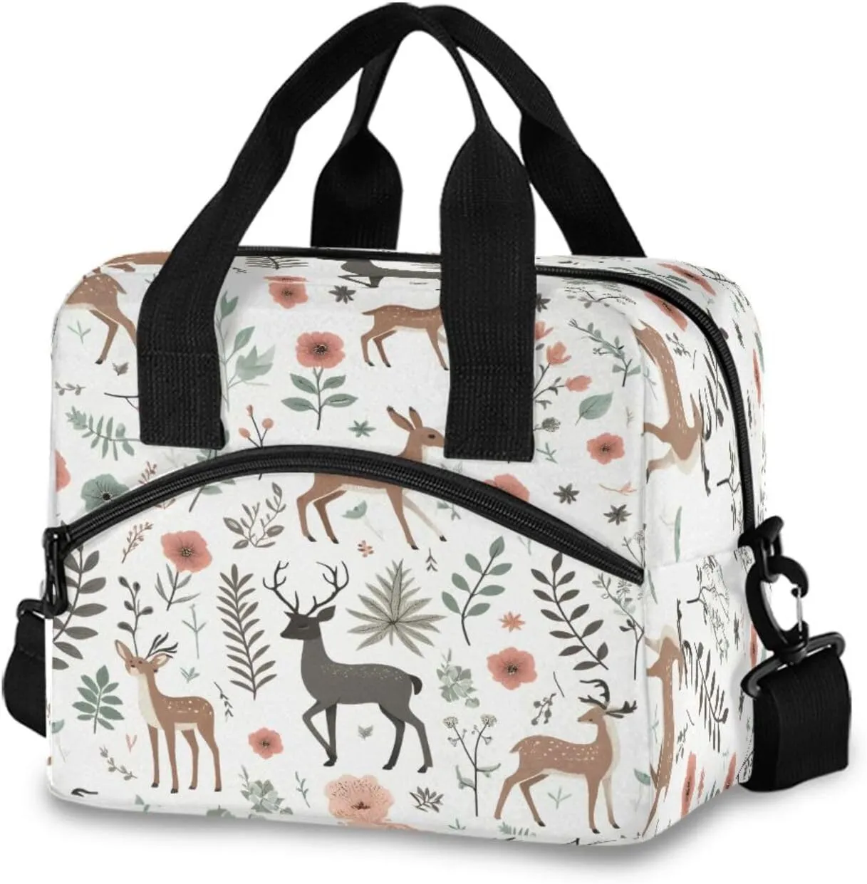 Deers Floral Elements Lunch Box for Men Women Adults Insulated Lunch Bag Cooler Bag with Adjustable Shoulder Strap for Work Picnic Travel