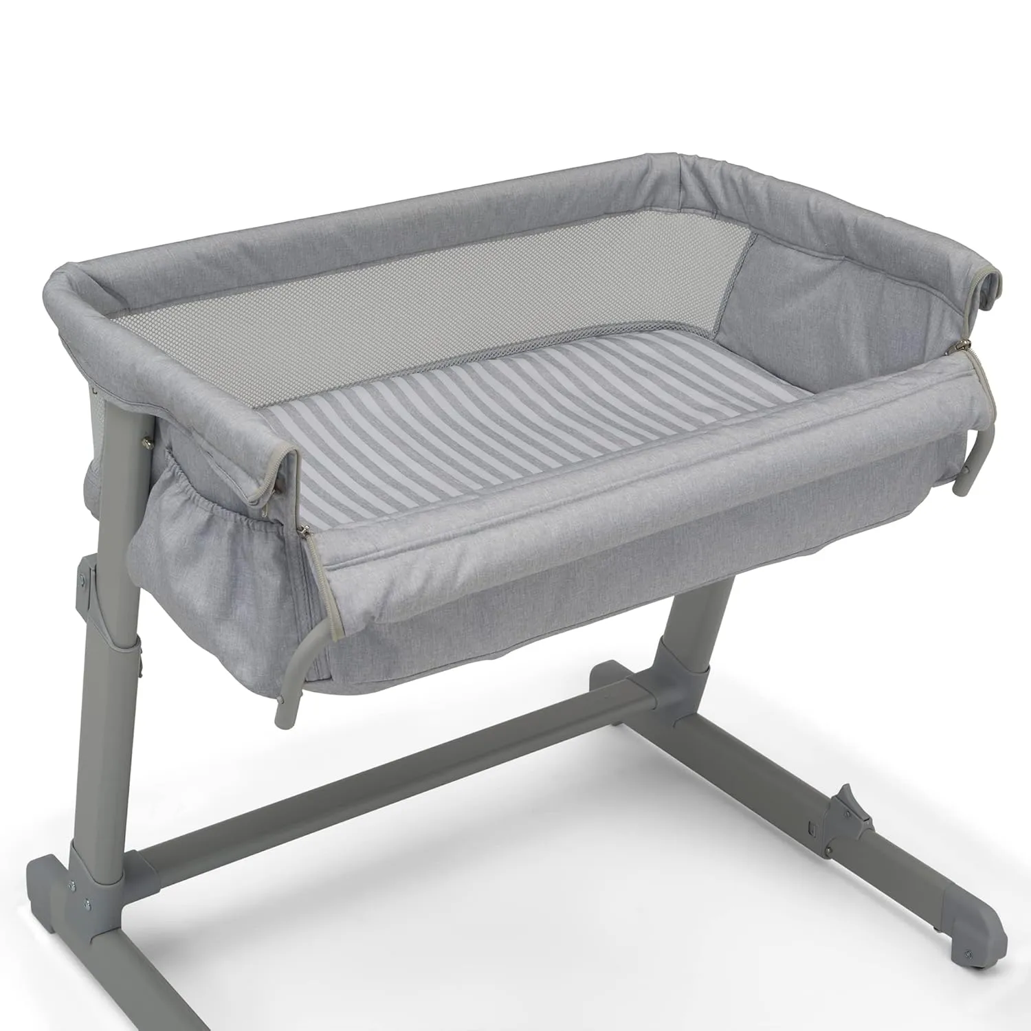 Delta Children Gap babyGap Whisper Bedside Bassinet Sleeper with Breathable Mesh and Adjustable & Gap babyGap Deluxe Play Yard, Grey Stripes