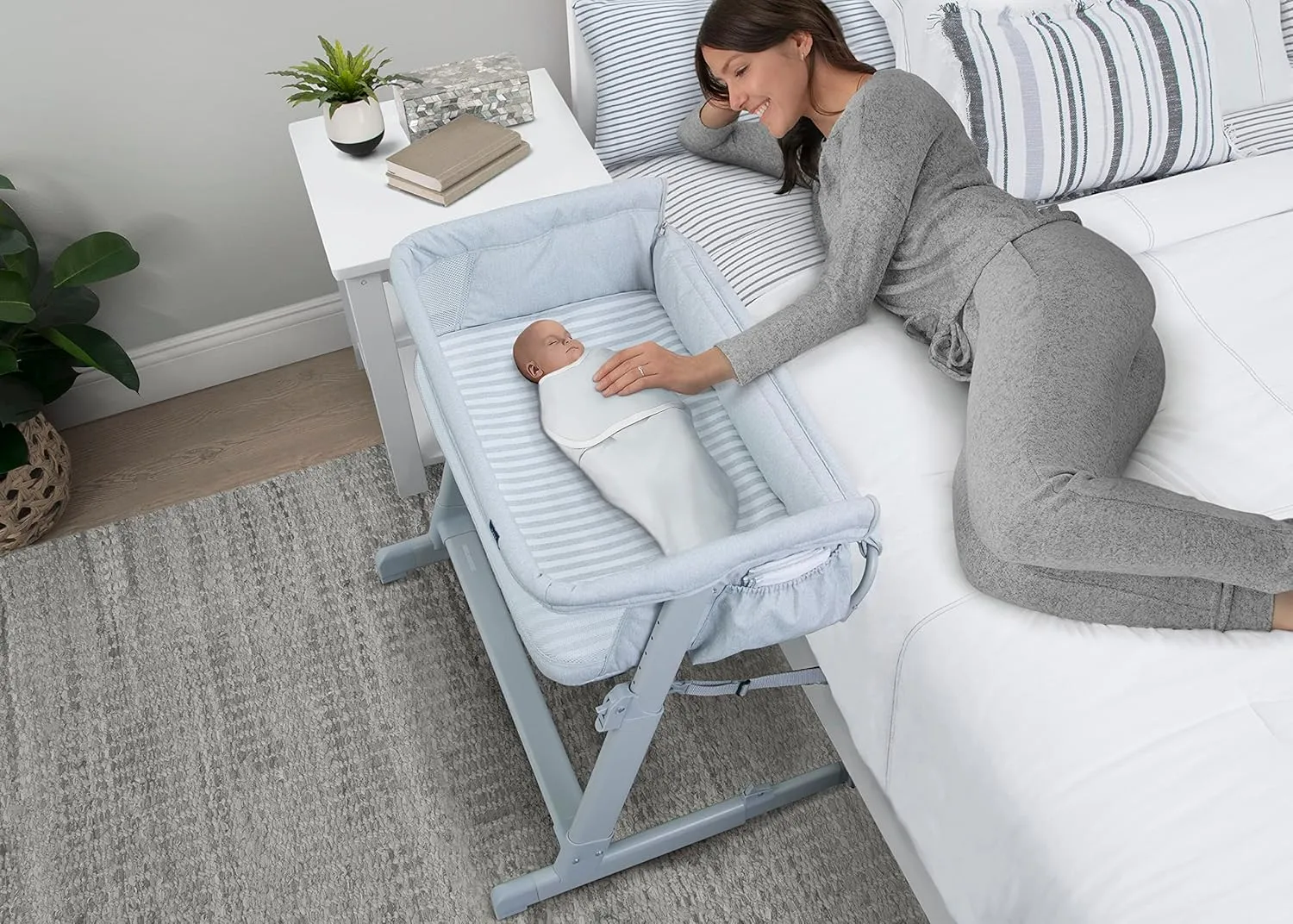 Delta Children Gap babyGap Whisper Bedside Bassinet Sleeper with Breathable Mesh and Adjustable & Gap babyGap Deluxe Play Yard, Grey Stripes